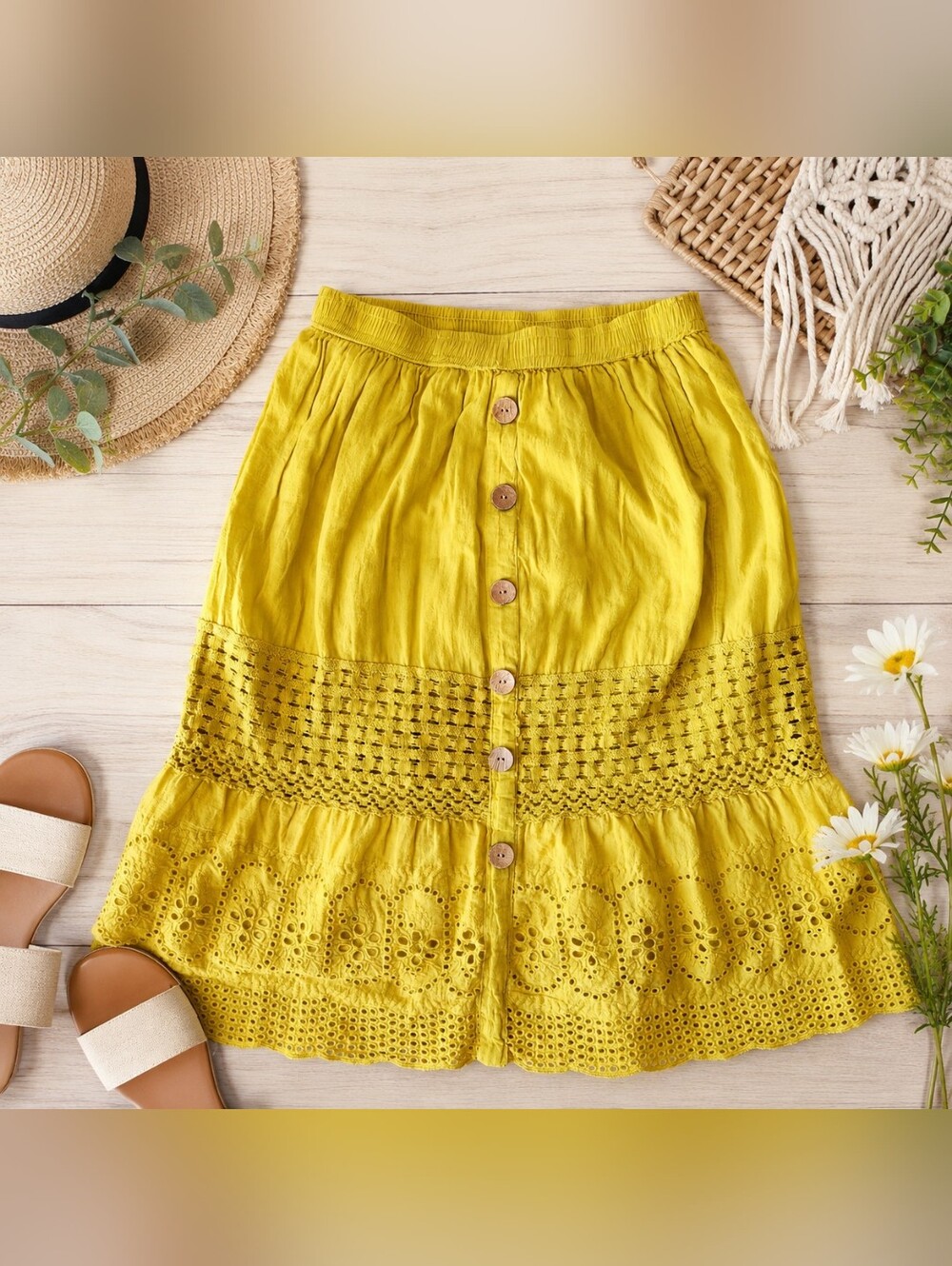 Nation AK Outfitters yellow tiered eyelet midi skirt Boho